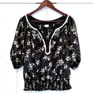 Size XL Y2K Suzy Shier Lace Up Floral Black and White Peasant Blouse Fairycore